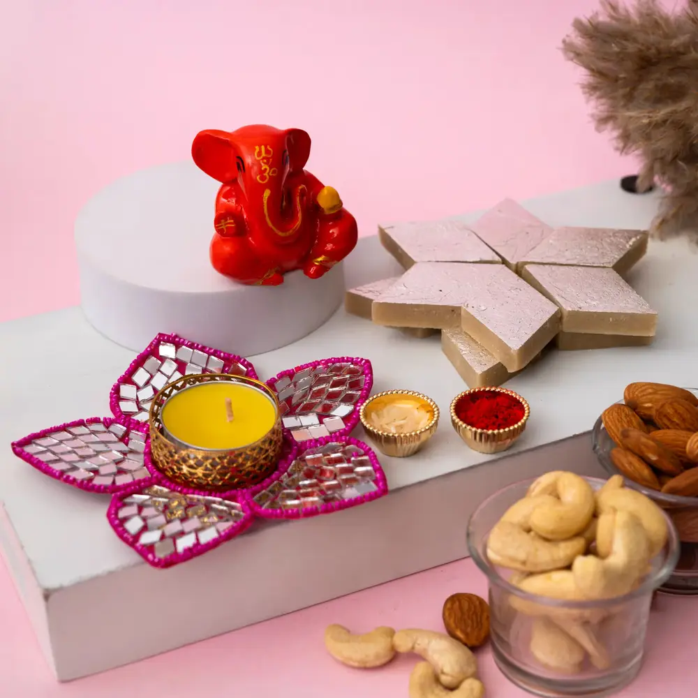 Ganesha Idol, Kaju Sweets & Candle