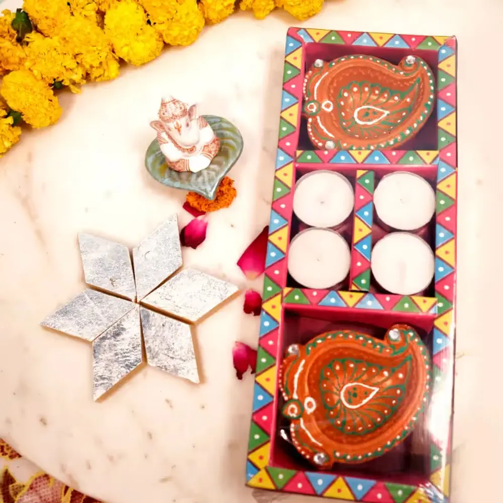 Ganesha Idol, Kaju Katli & Diya Set