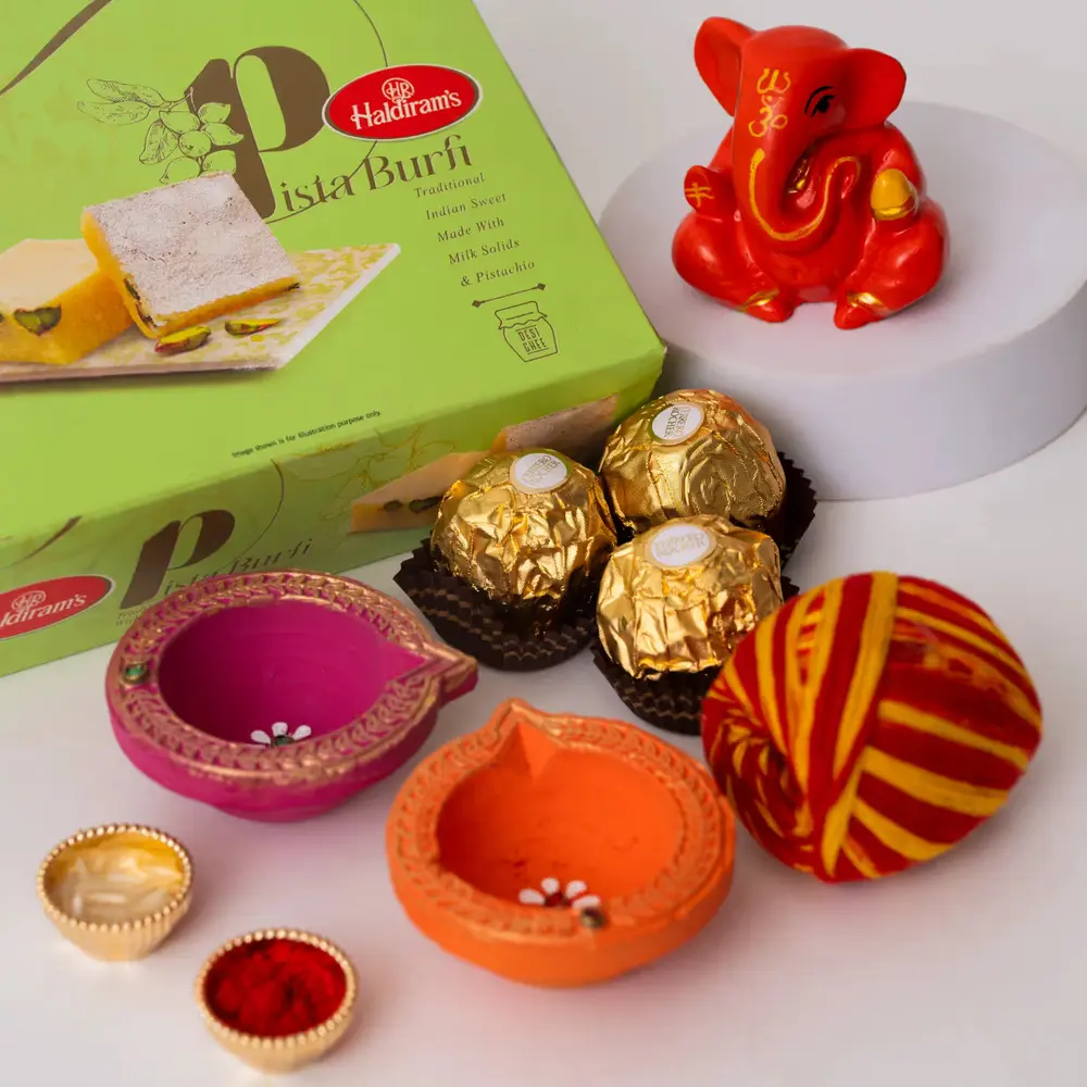 Bhai Dooj Pista Burfi, Ganesha & Diyas