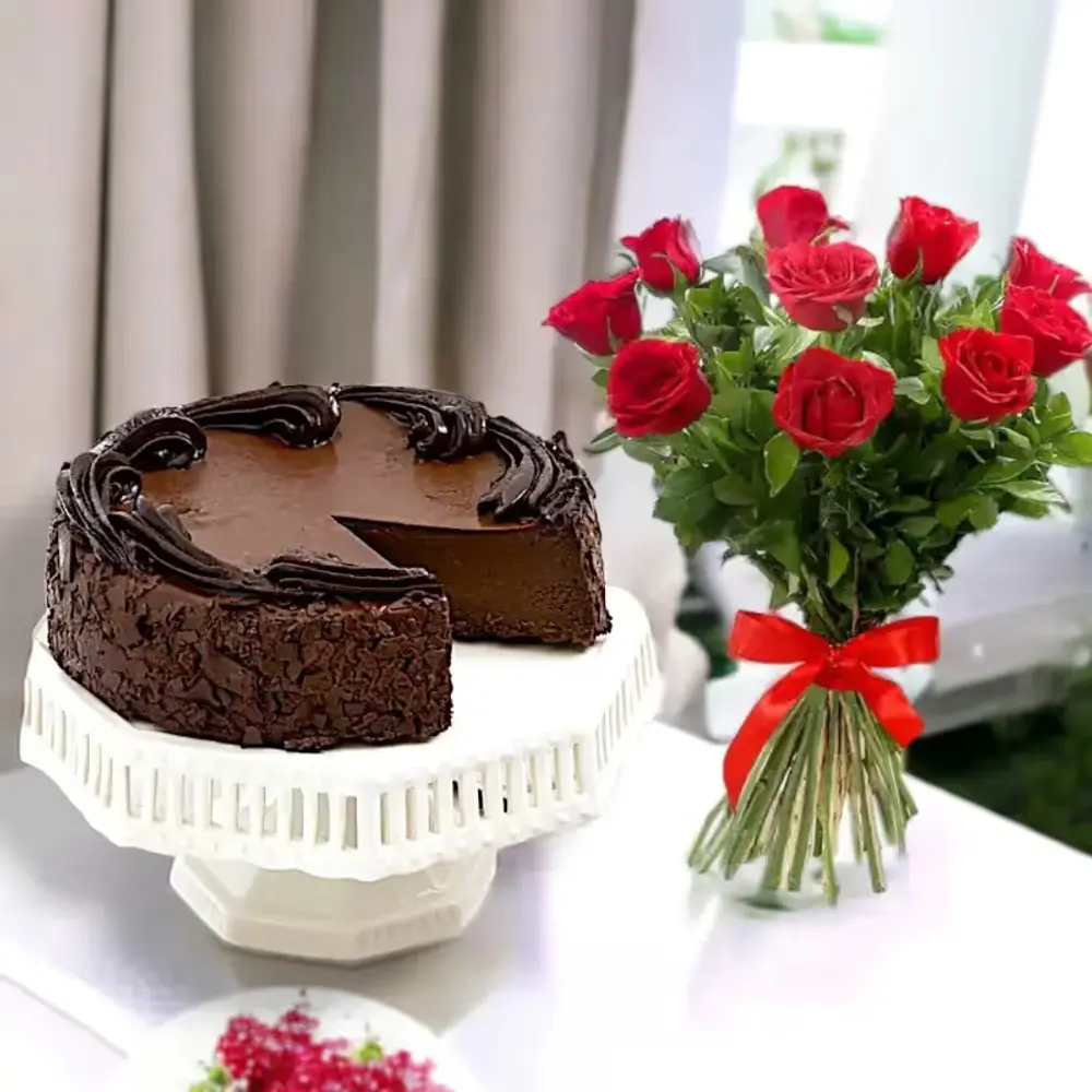 Chocolate Cake & 12 Red Roses