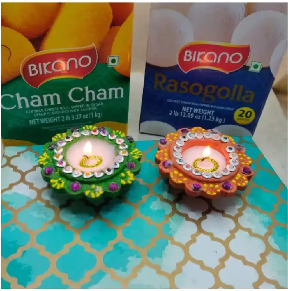 Diyas with Cham Cham & Rasgulla