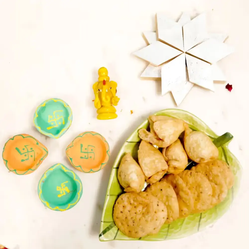 Four Diyas, Snacks, Ganesha & Kaju