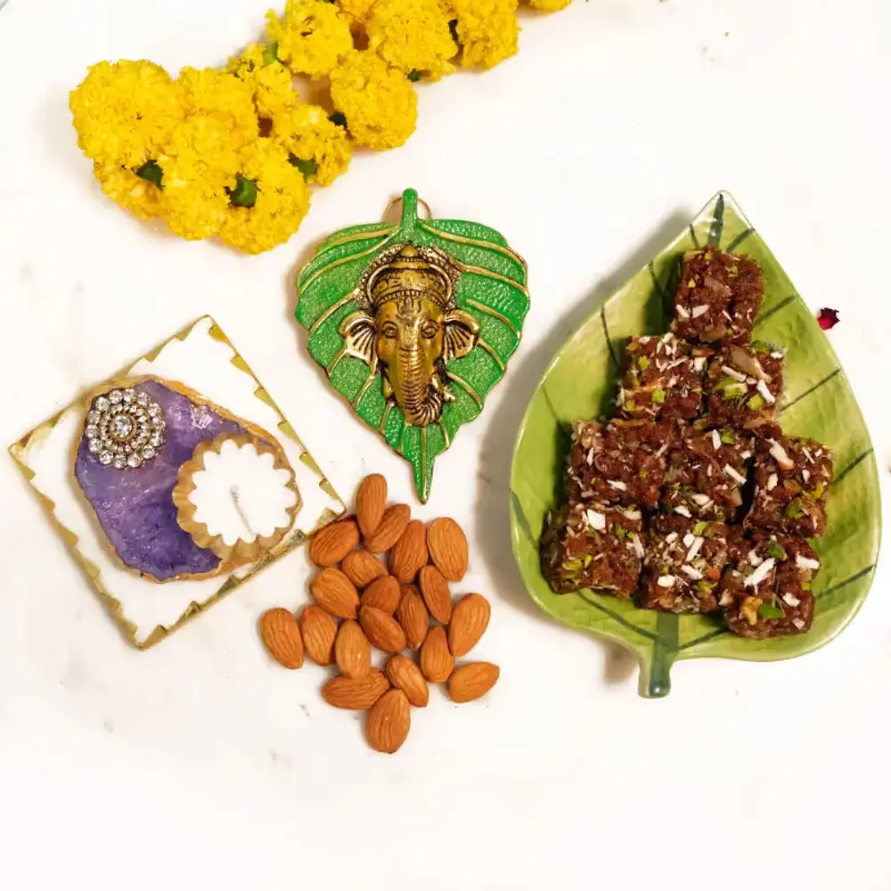 Ganesha Wall Art, Diya, Almonds & Burfi