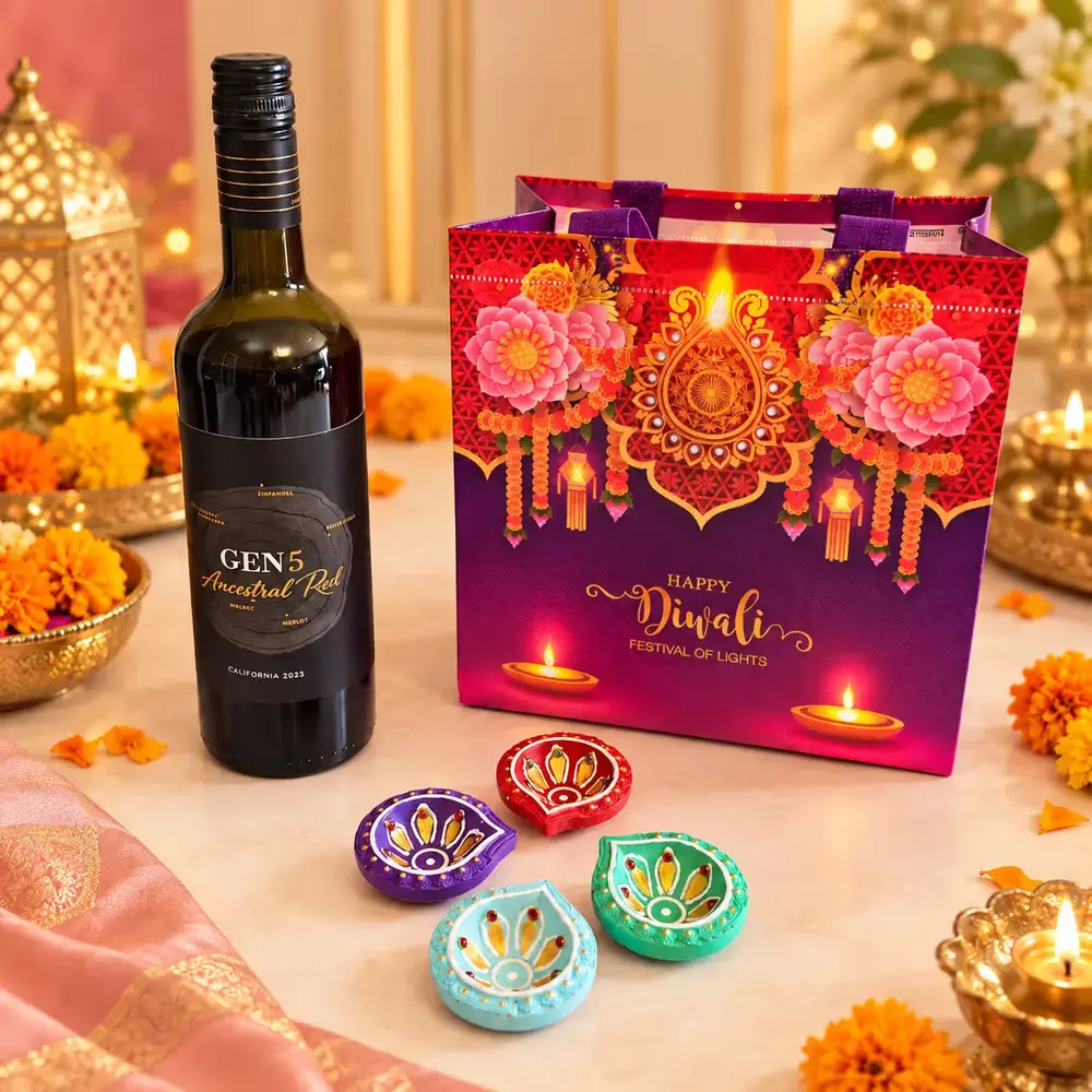 Four Designer Diyas & Wine Hamper