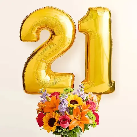 Bright Bouquet with Number 21 Balloons