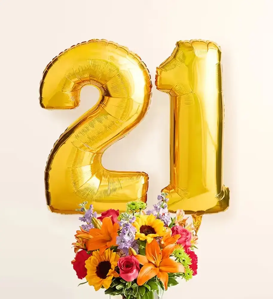 Bright Bouquet with Number 21 Balloons