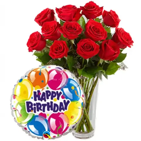 Dozen Red Roses with Birthday Balloon