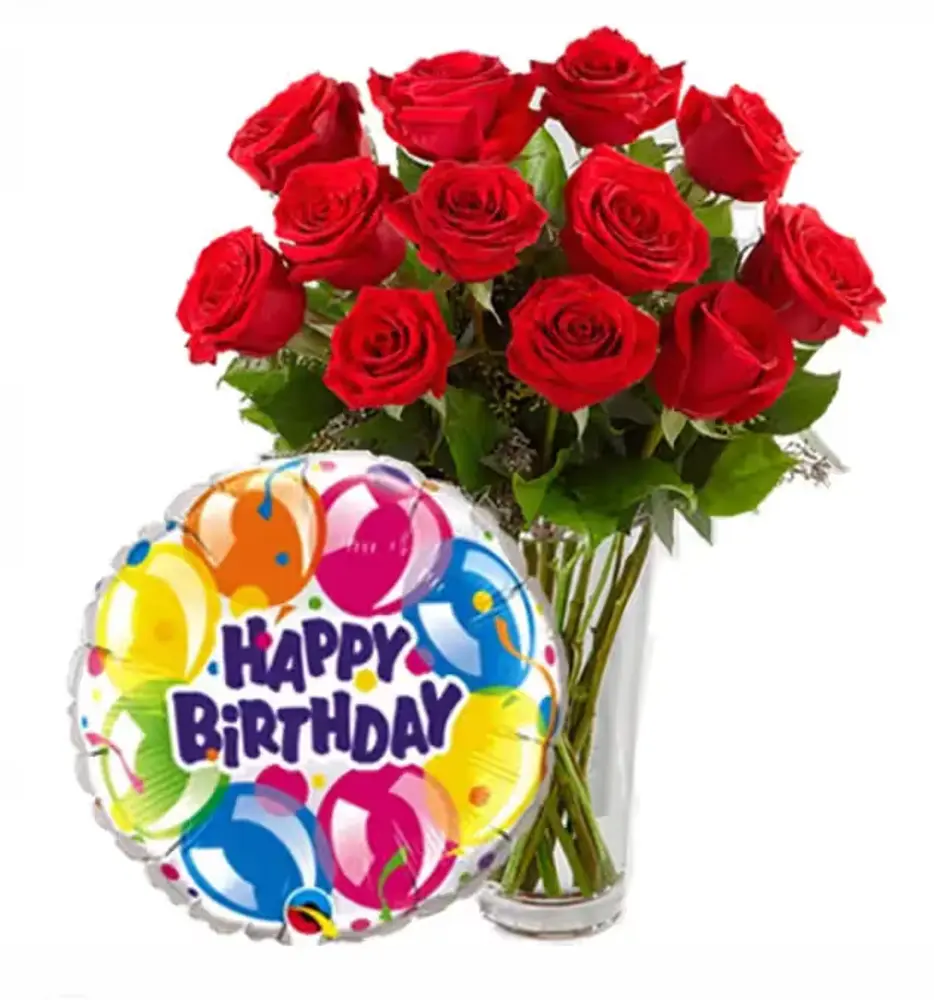 Dozen Red Roses with Birthday Balloon