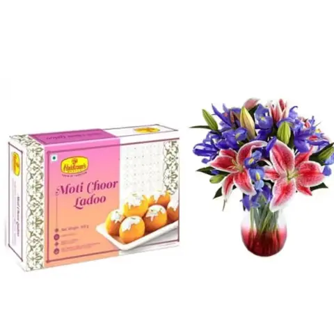 Stargazer Lilies, Iris & Motichoor Laddoo