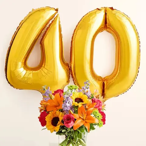 Bright Bouquet with Number 40 Balloons
