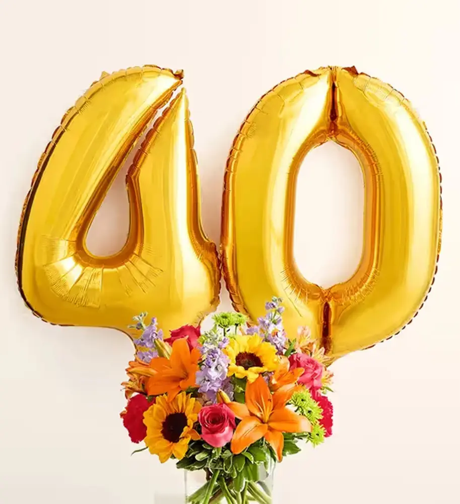 Bright Bouquet with Number 40 Balloons