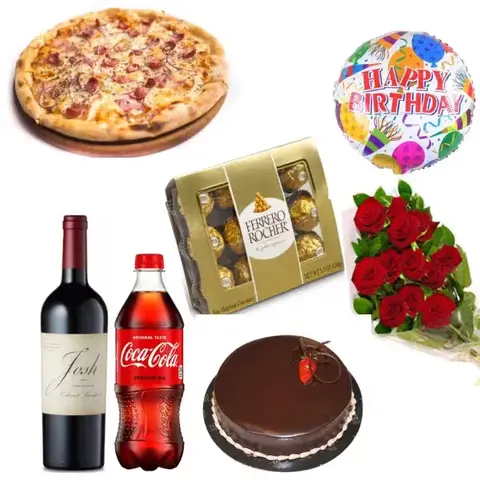 Party Hamper with Pizza, Cake, Wine & Roses