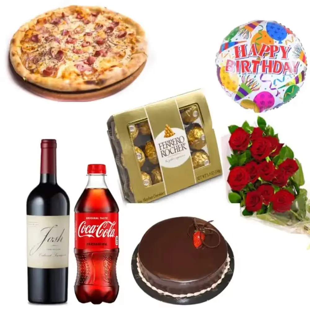 Party Hamper with Pizza, Cake, Wine & Roses
