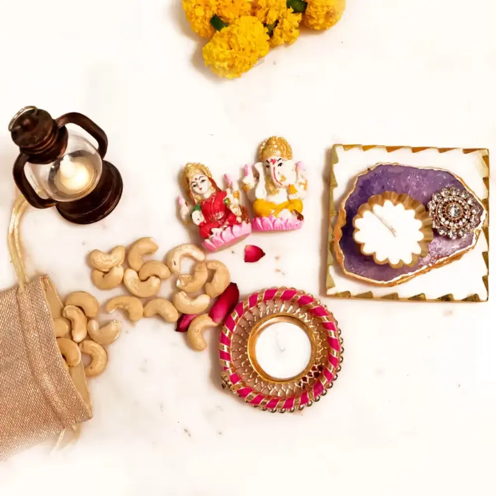 Laxmi Ganesha, Lantern, Diyas & Cashews