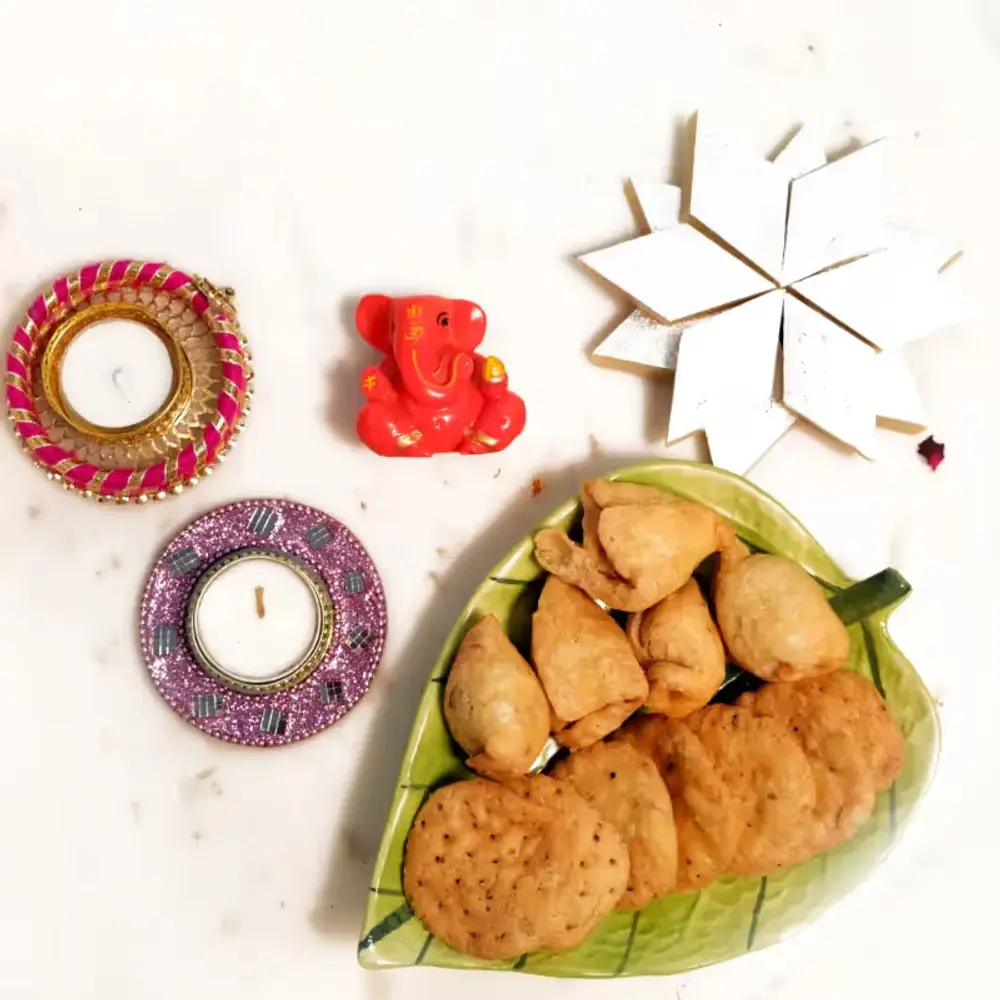 Two Diyas, Snacks, Ganesha & Kaju Katli