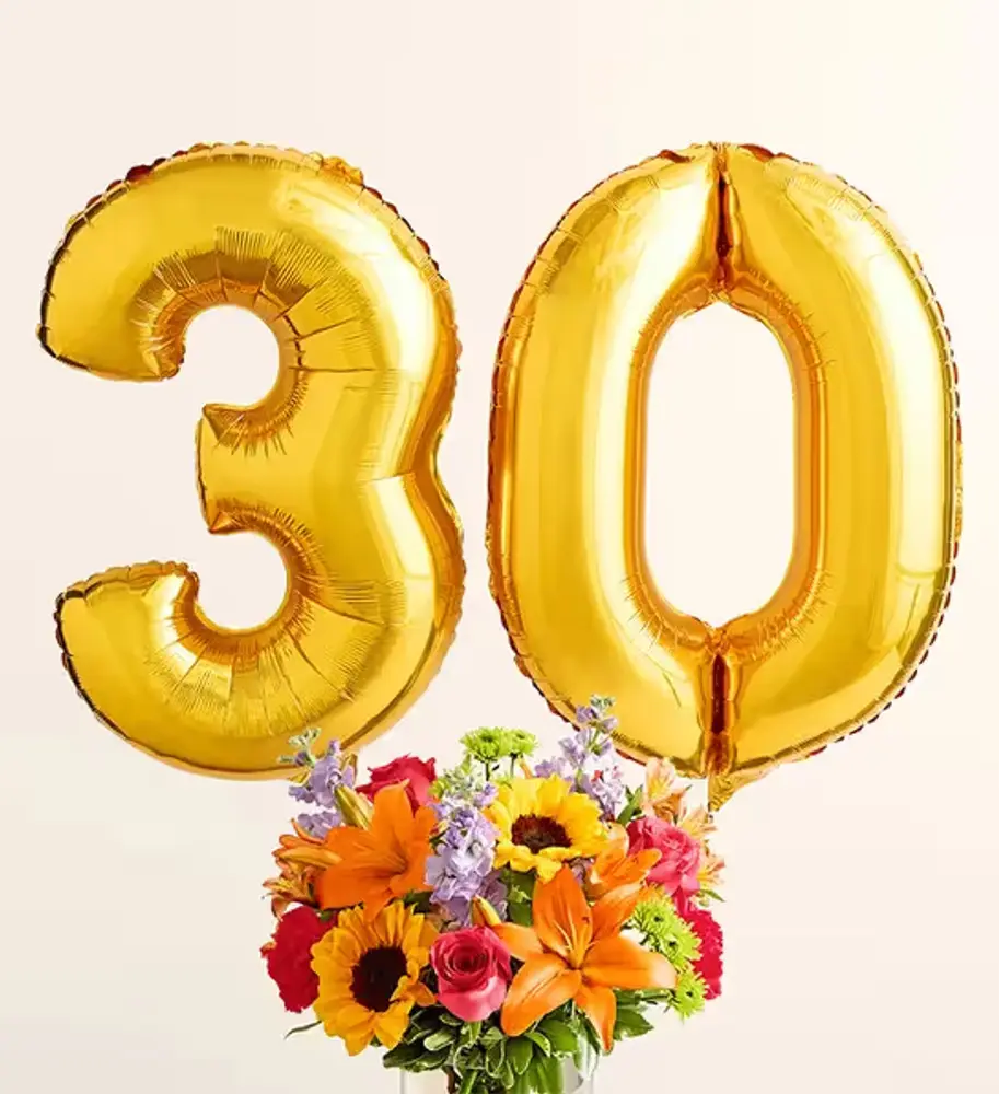 Bright Bouquet with Number 30 Balloons