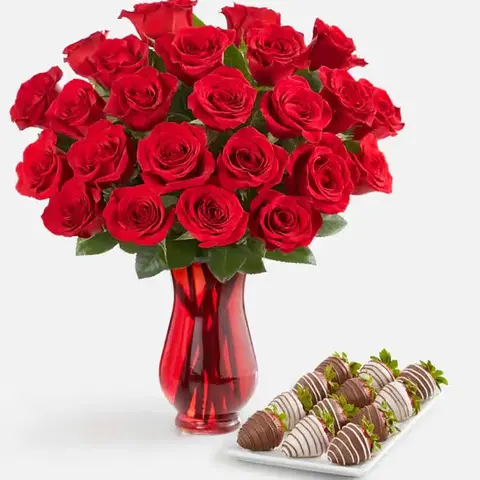 Red Roses with Drizzled Strawberries