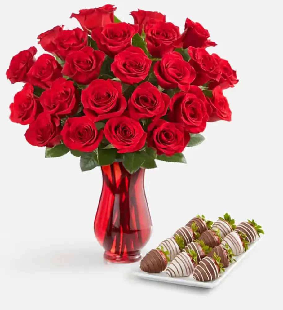 Red Roses with Drizzled Strawberries