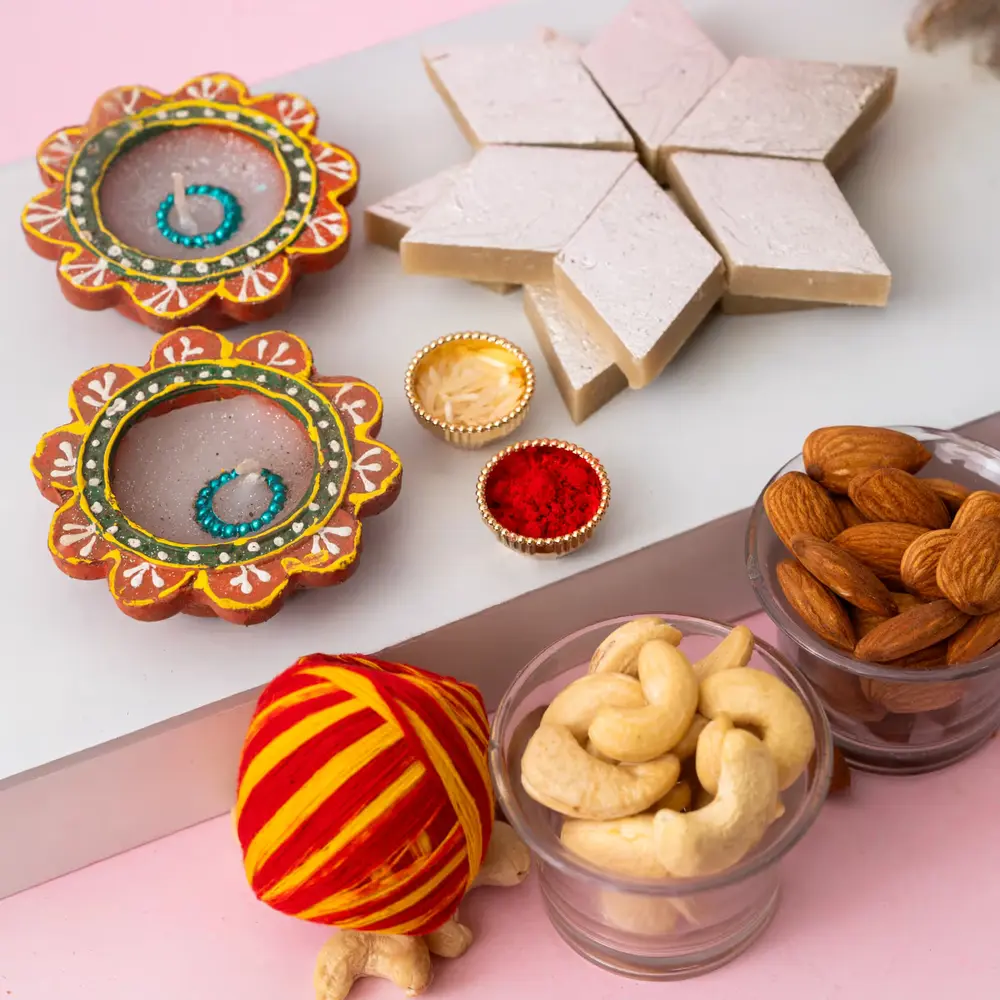 Bhai Dooj Candles, Kaju Sweets & Mauli