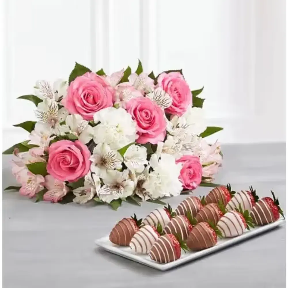 Pink & White Bouquet with Drizzled Strawberries