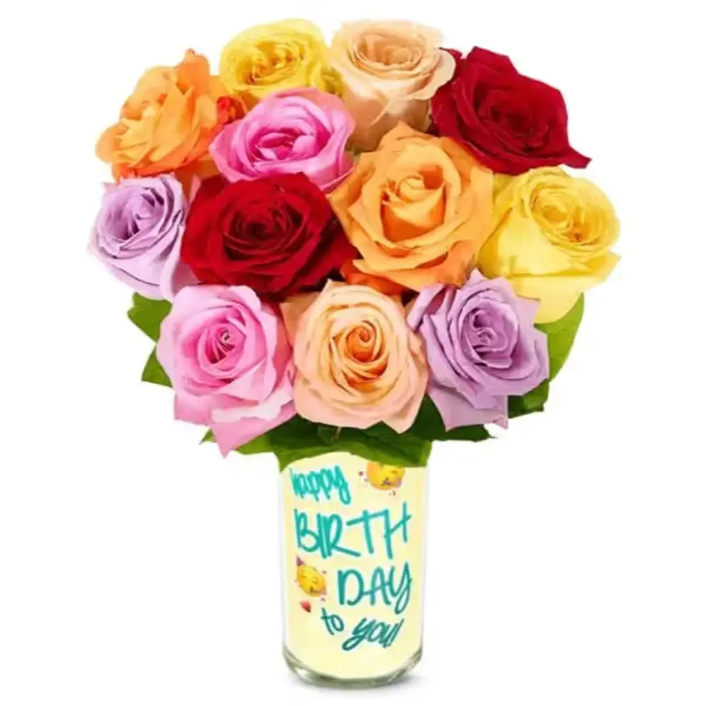 One Dozen Birthday Rainbow Roses
