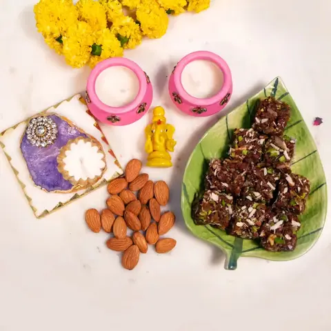 Ganesha, Three Diyas, Almonds & Burfi