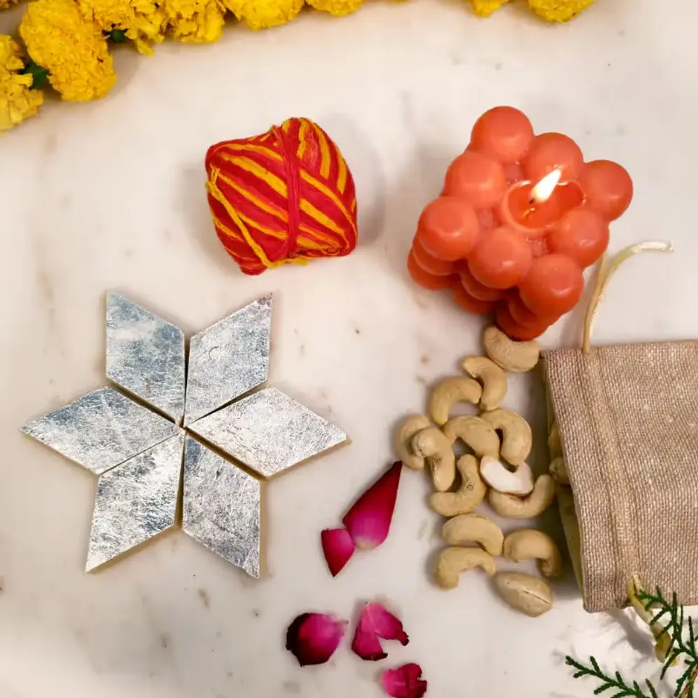 Kaju Katli, Cashews, Candle & Tika