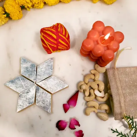 Kaju Katli, Cashews, Candle & Tika