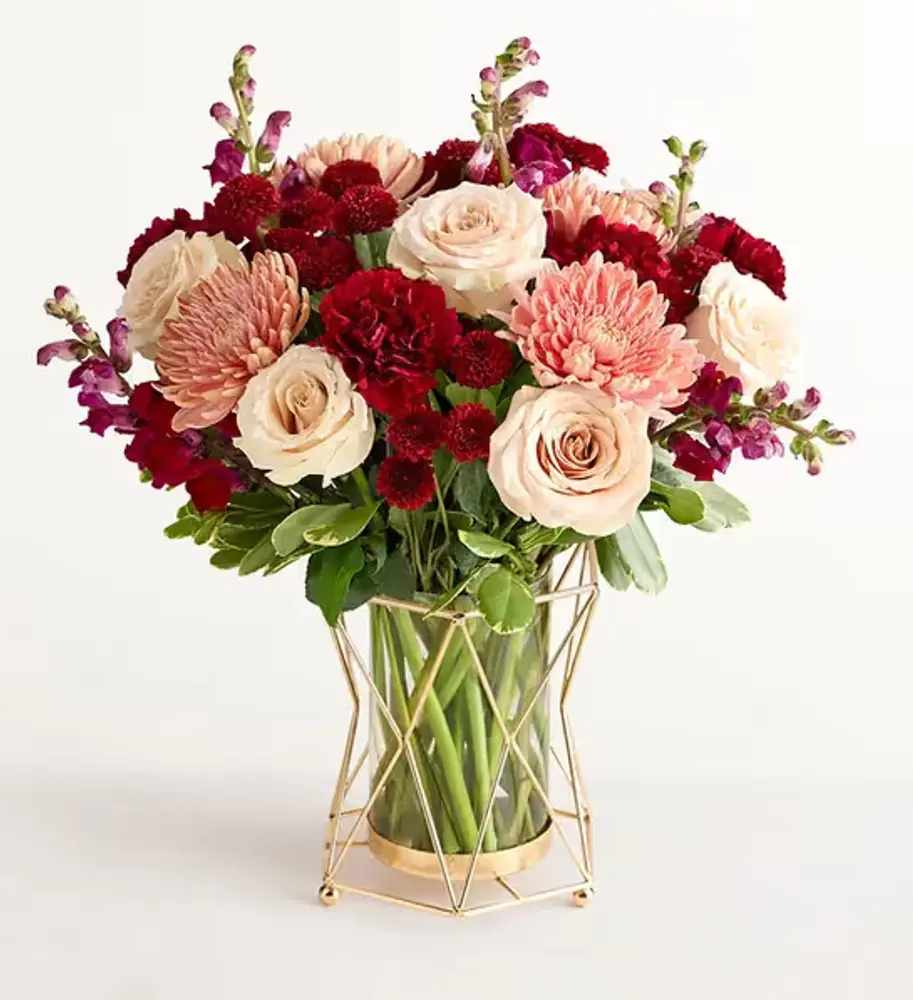 Burgundy Autumn Bouquet in Gold Vase