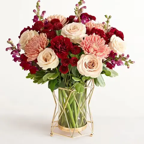 Burgundy Autumn Bouquet in Gold Vase