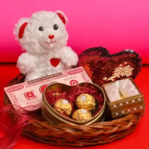 Teddy, Pillow, Chocolates & Crystal Rose