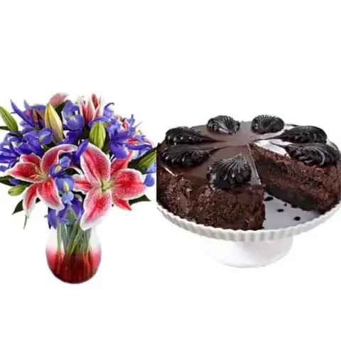 Chocolate Mousse Cake with Lilies & Iris