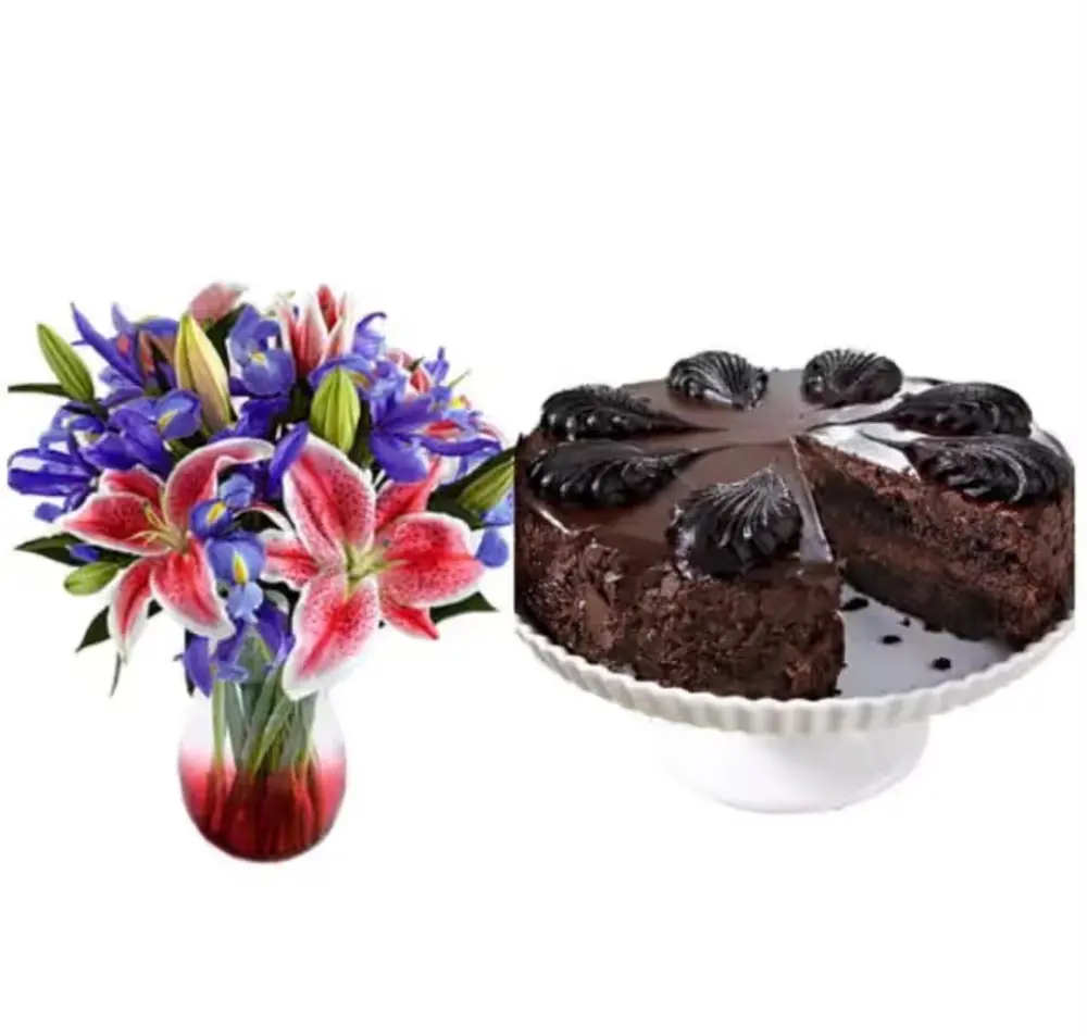 Chocolate Mousse Cake with Lilies & Iris