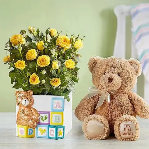 Yellow Rose Plant in Baby Blocks Planter