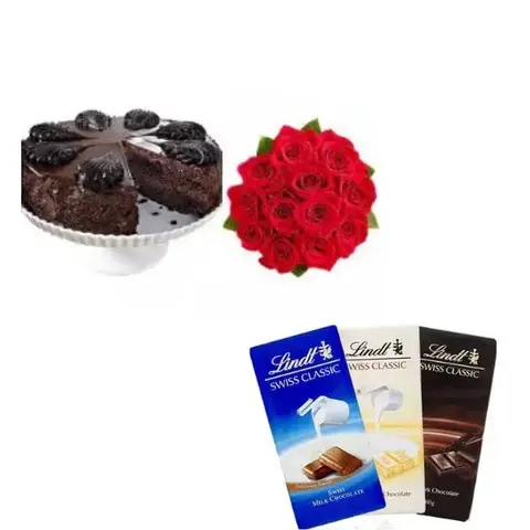 12 Red Roses, Lindt Chocolates & Mousse Cake