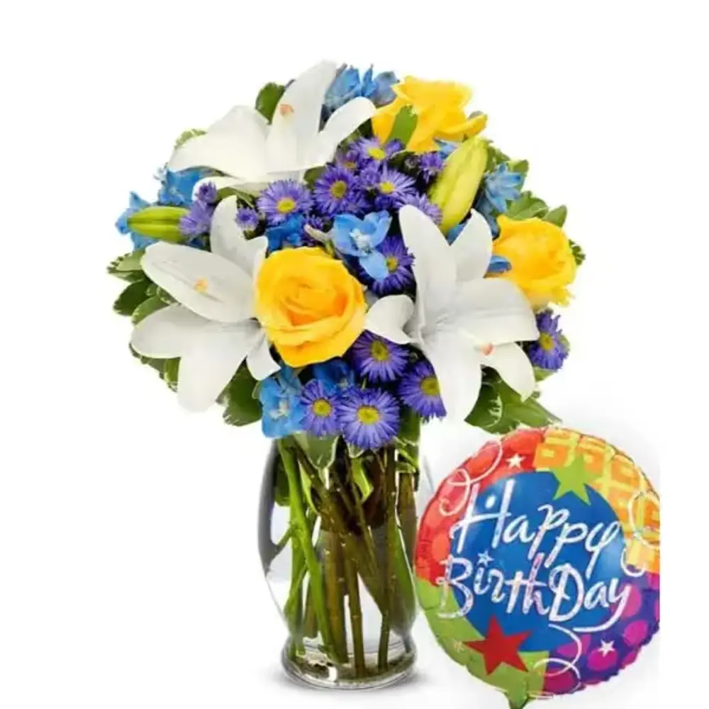 Blue Skies Bouquet with Birthday Balloon