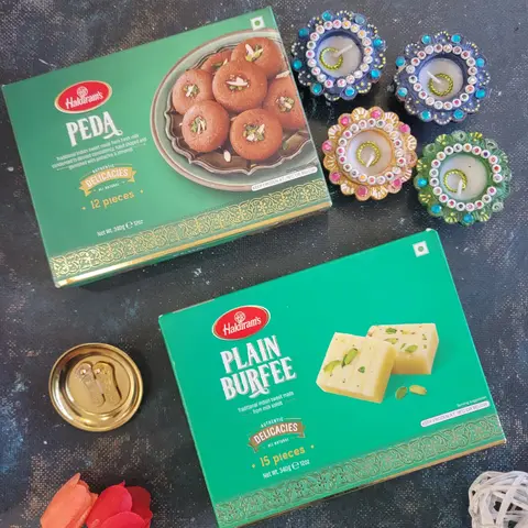 Three Designer Diyas with Peda & Burfi