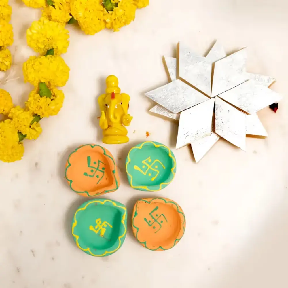 Four Diyas, Ganesha Idol & Kaju Katli