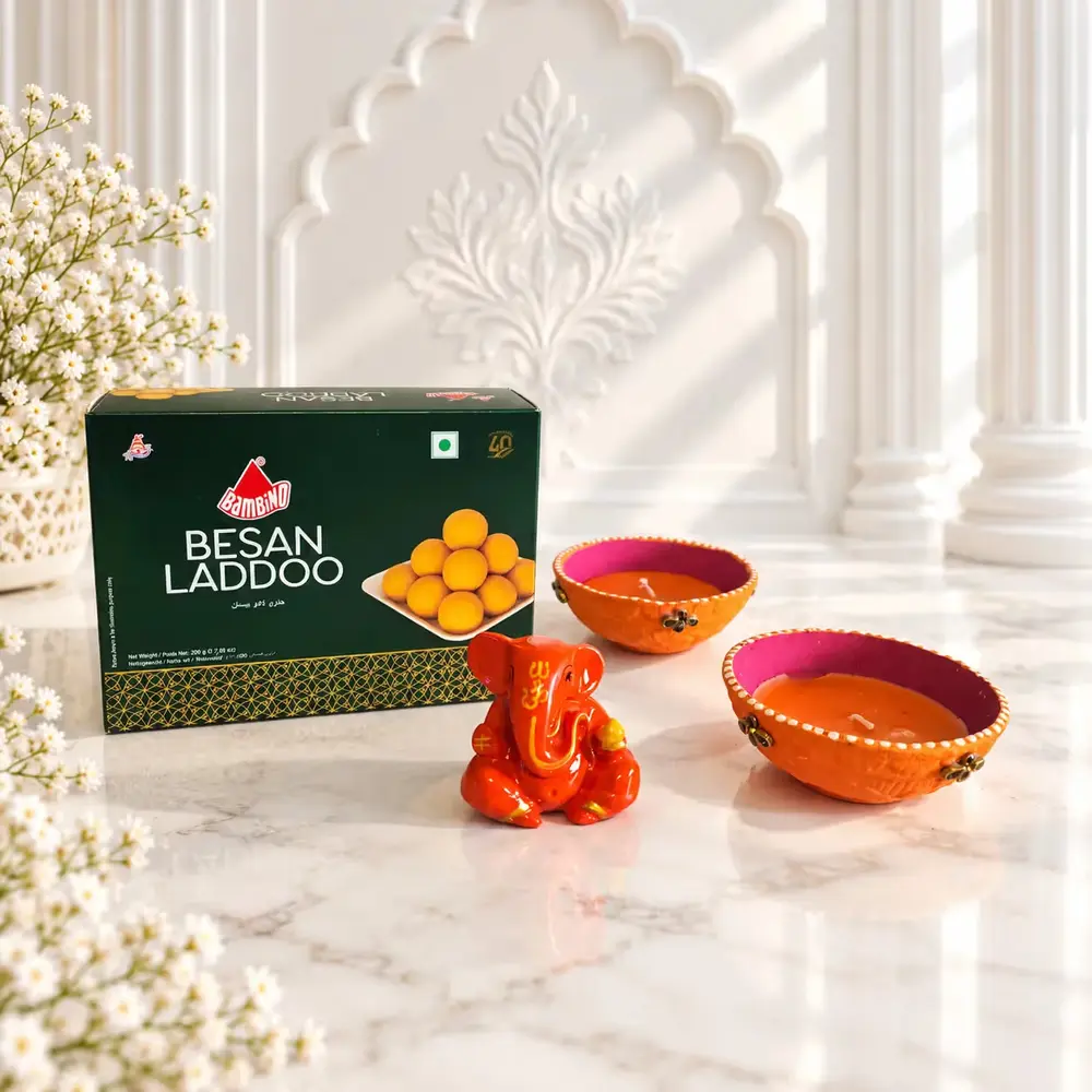 Ganesha Idol, Besan Laddoo & Diya