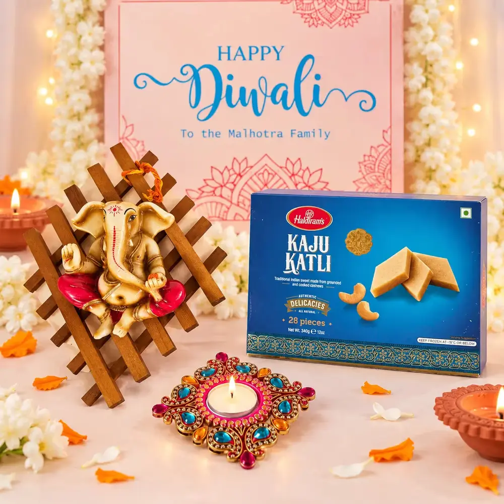 Ganesha Wall Hanging, Tealight & Kaju Katli