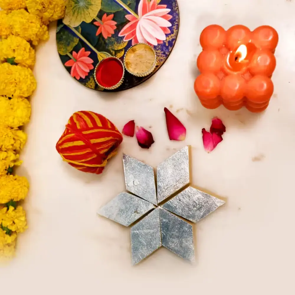 Scented Candle, Kaju Katli & Pooja Thali