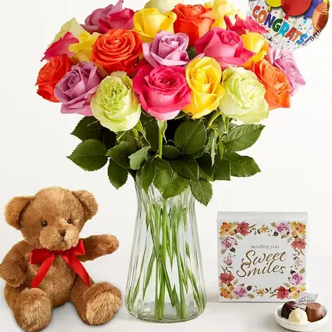 Rainbow Roses with Congratulations Balloon