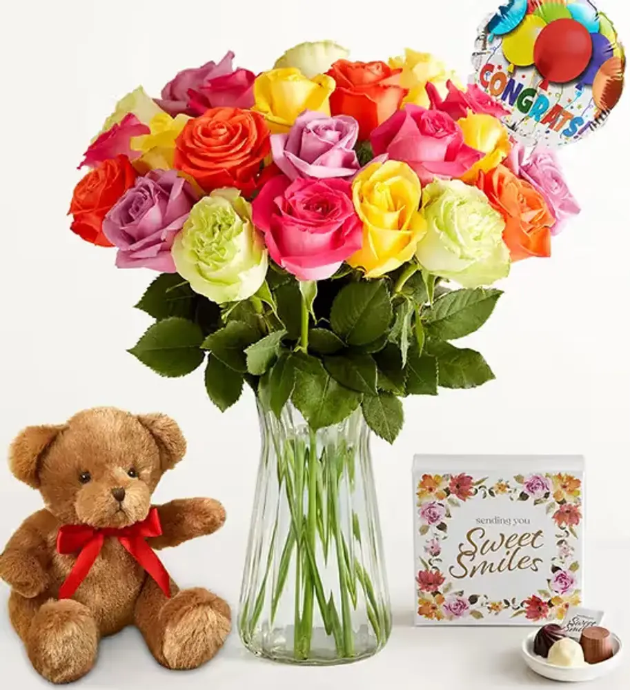 Rainbow Roses with Congratulations Balloon