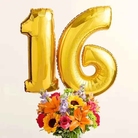 Sweet 16 Flowers with Number Balloons