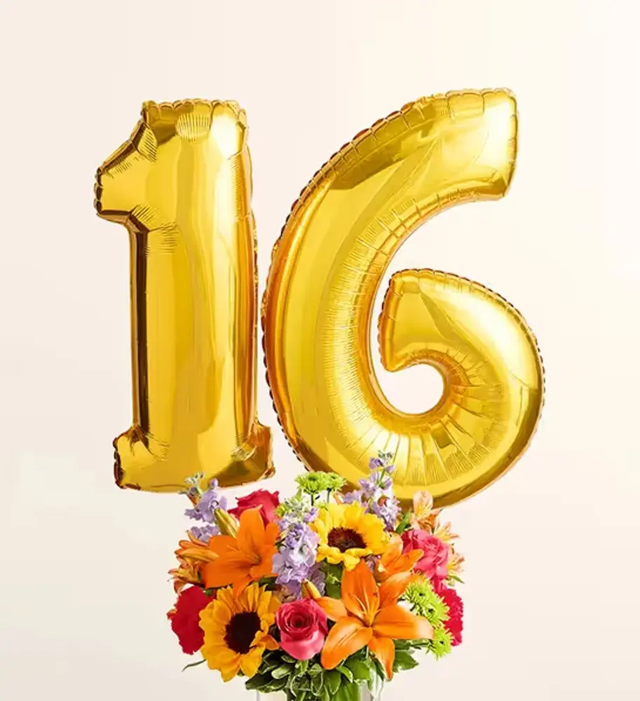 Sweet 16 Flowers with Number Balloons