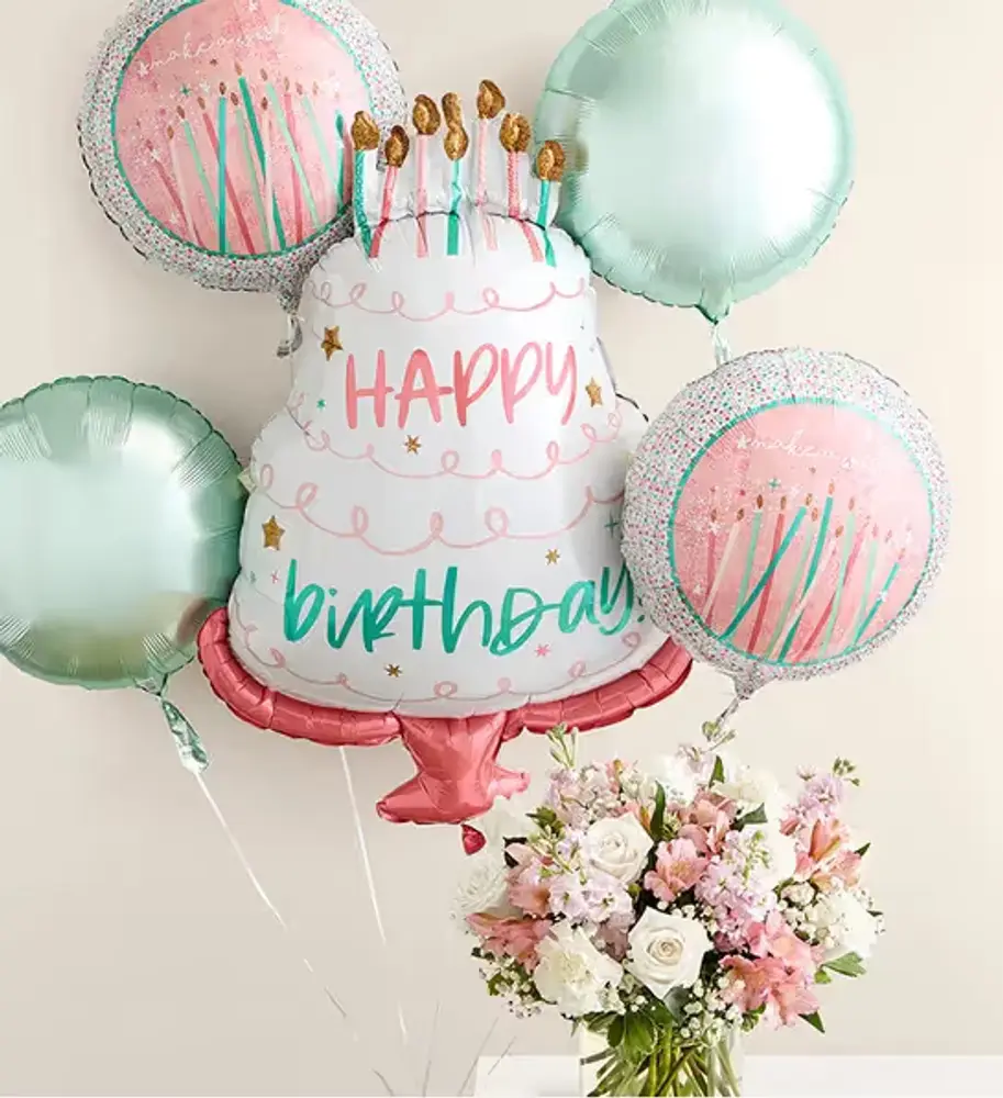 Lavender & White Bouquet with Birthday Balloon