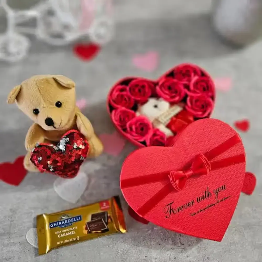 Teddy, Bear Rose Box & Ghirardelli