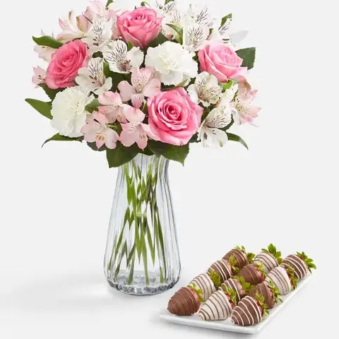 Cherished Blooms with Drizzled Strawberries