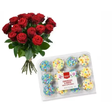 12 Cupcakes & Dozen Red Roses Combo