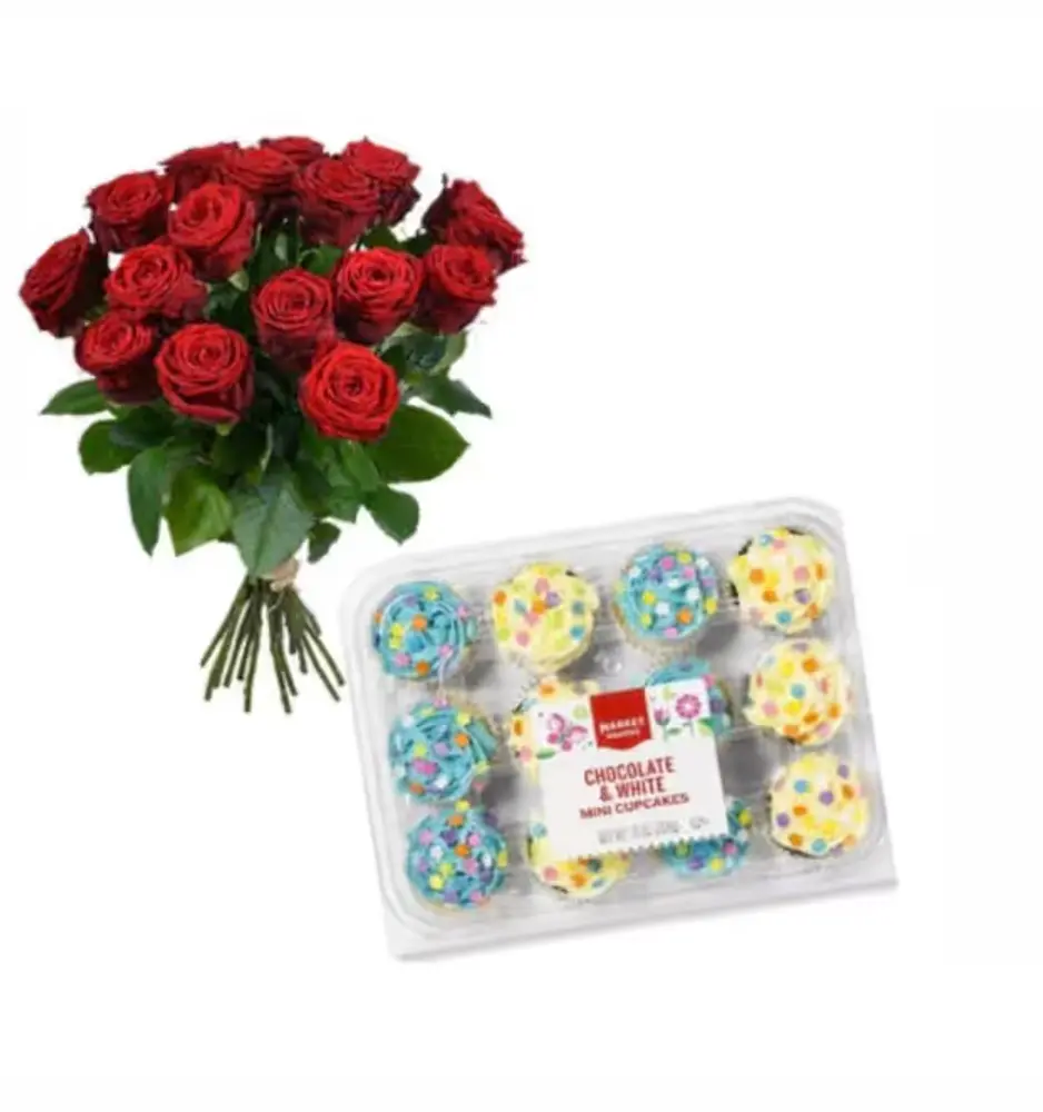 12 Cupcakes & Dozen Red Roses Combo